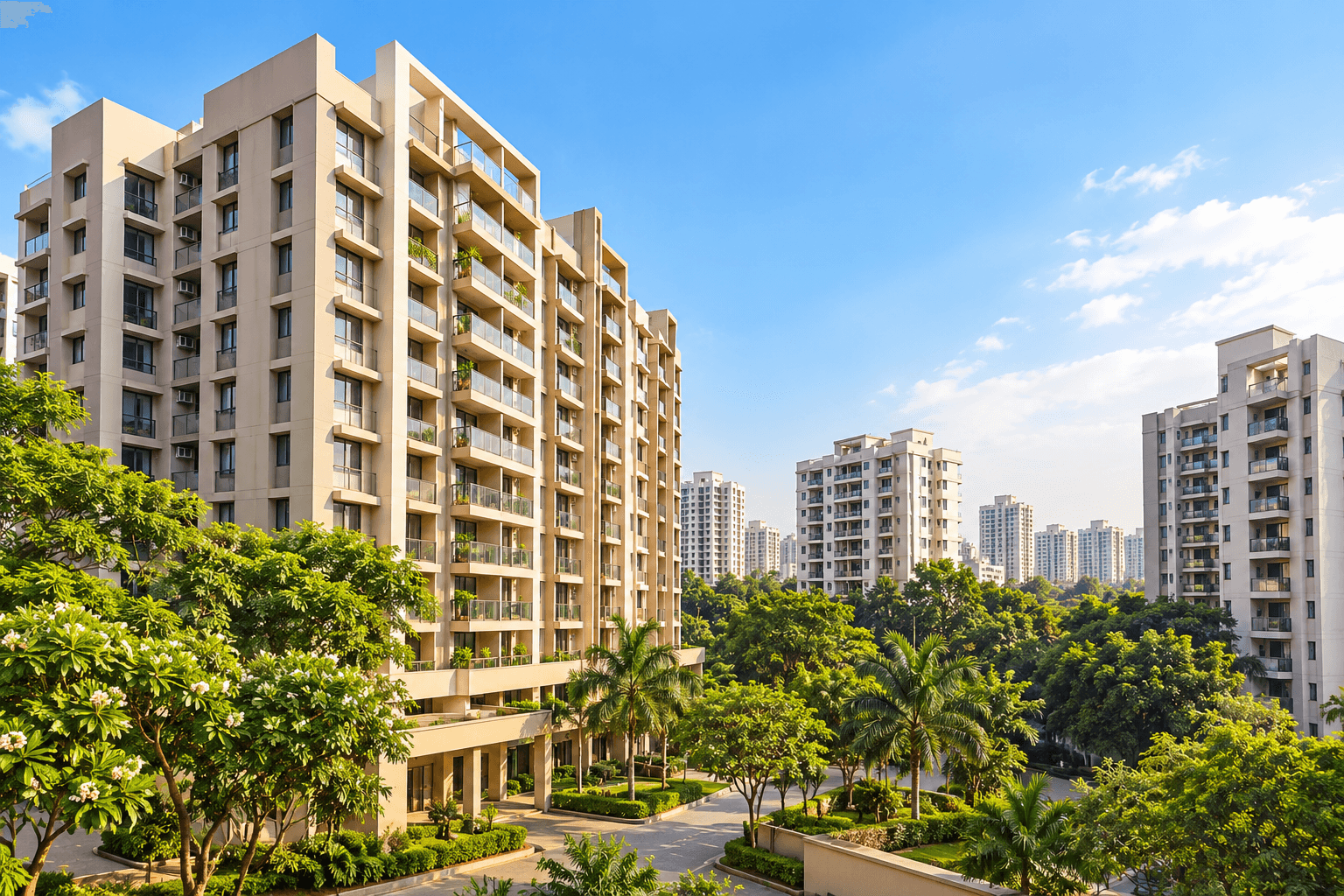 Residential co-operative housing society buildings surrounded by greenery
